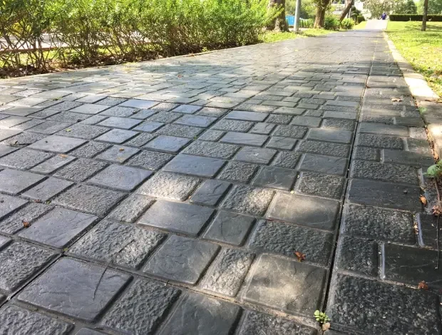 Decorative concrete path with stamped texture and finished edges
